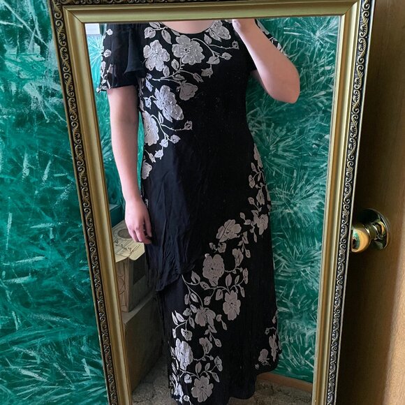 Eva Blue Asymmetrical Floral Black Dress with sequin flowers - Picture 1 of 7